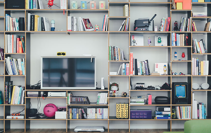 Das Bild zeigt ein Regal mit Büchern, Spielen und Gegenständen